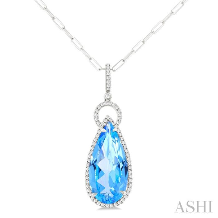 22X10 MM Pear Cut Blue Topaz and 1/3 ctw Round Cut Diamond Halo Semi Precious Pendant With Chain in 14K White Gold