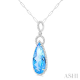 22X10 MM Pear Cut Blue Topaz and 1/3 ctw Round Cut Diamond Halo Semi Precious Pendant With Chain in 14K White Gold