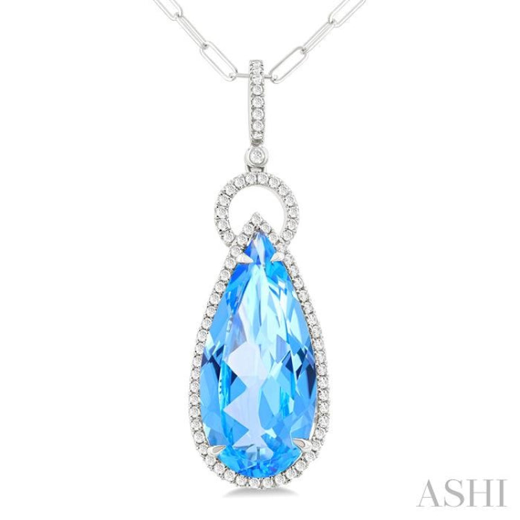 22X10 MM Pear Cut Blue Topaz and 1/3 ctw Round Cut Diamond Halo Semi Precious Pendant With Chain in 14K White Gold