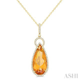 22X10 MM Pear Cut Citrine and 1/3 Ctw Round Cut Diamond Halo Semi-Precious Pendant With Chain in 14K Yellow Gold