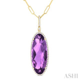 26x10 MM Oval Cut Amethyst and 1/3 ctw Round Cut Diamond Semi Precious Pendant With Chain in 14K Yellow Gold