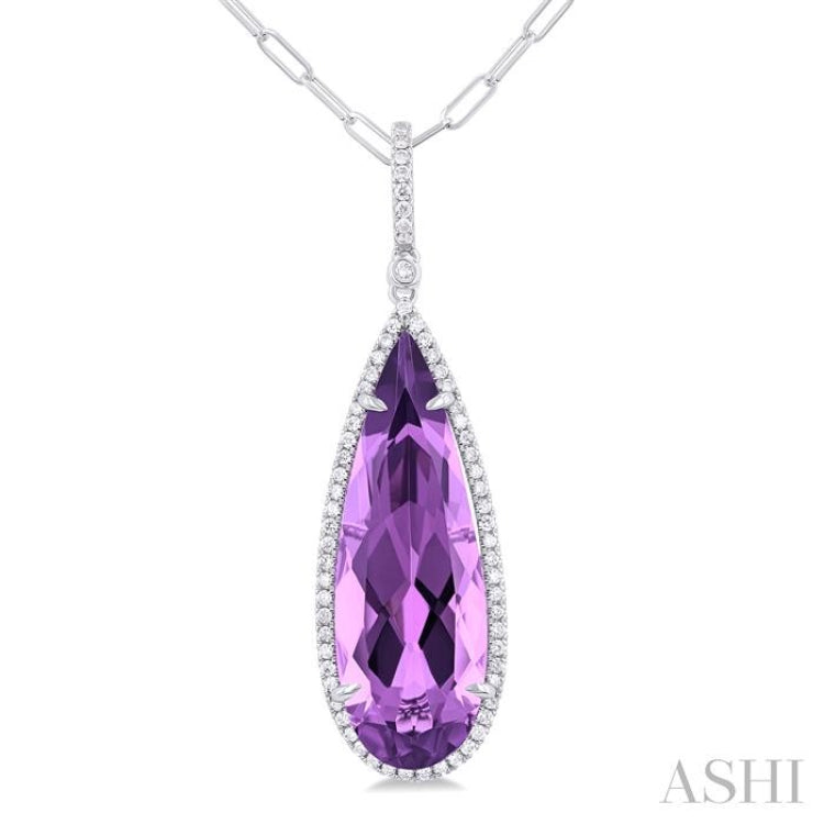 26x9 MM Pear Cut Amethyst and 1/4 ctw Round Cut Diamond Halo Semi Precious Pendant With Chain in 14K White Gold
