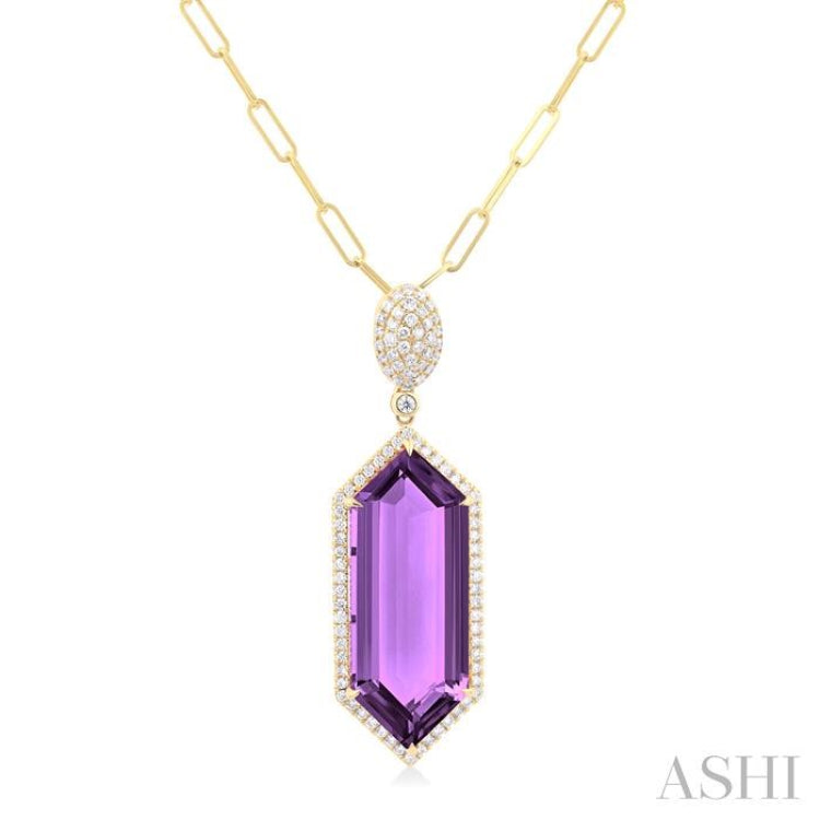 26x10 MM Hexagon Shape Amethyst and 1/2 ctw Round Cut Diamond Halo Semi-Precious Pendant With Chain in 14K Yellow Gold