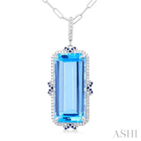 22x10 MM Emerald Cut Blue Topaz and .80 MM Sapphire & 1/5 ctw Round Cut Diamond Halo Precious & Semi-Precious Pendant With Chain in 14K White Gold