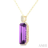 26x12 MM Emerald Cut Amethyst and 1/2 ctw Round Cut Diamond Halo Semi Precious Pendant With Paperclip Chain in 14K Yellow Gold