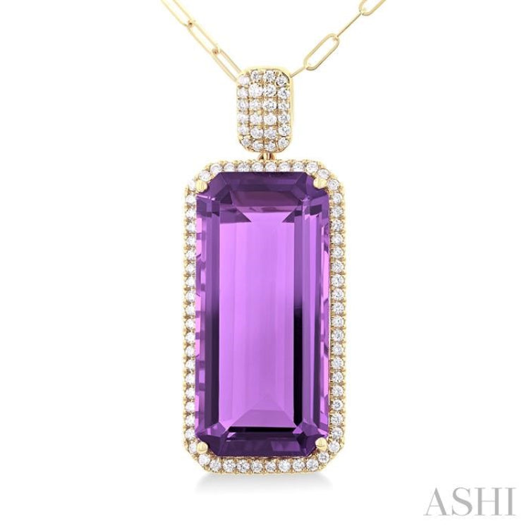 26x12 MM Emerald Cut Amethyst and 1/2 ctw Round Cut Diamond Halo Semi Precious Pendant With Paperclip Chain in 14K Yellow Gold