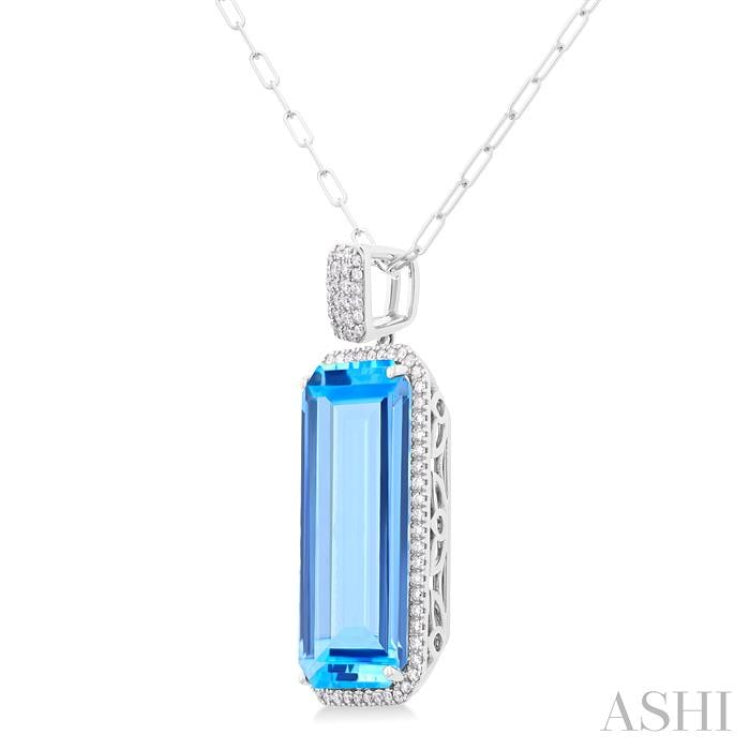 26x12 MM Emerald Cut Blue Topaz and 1/2 ctw Round Cut Diamond Halo Semi Precious Pendant With Paperclip Chain in 14K White Gold