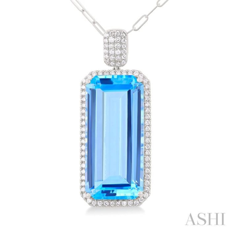 26x12 MM Emerald Cut Blue Topaz and 1/2 ctw Round Cut Diamond Halo Semi Precious Pendant With Paperclip Chain in 14K White Gold