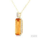 26x12 MM Emerald Cut Citrine and 1/2 ctw Round Cut Diamond Halo Semi Precious Pendant With Paperclip Chain in 14K Yellow Gold
