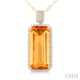 26x12 MM Emerald Cut Citrine and 1/2 ctw Round Cut Diamond Halo Semi Precious Pendant With Paperclip Chain in 14K Yellow Gold