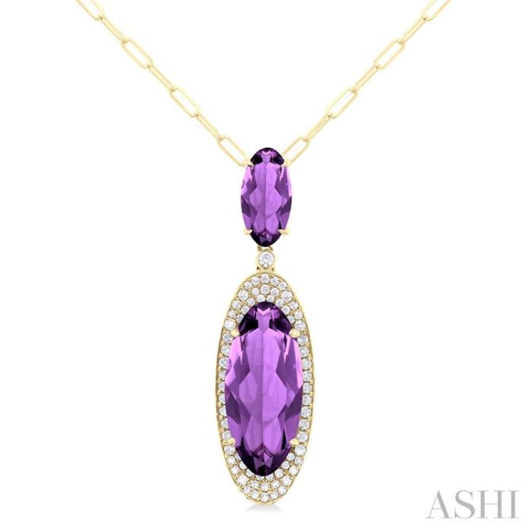 18x8 MM & 10x5 MM Oval Cut Amethyst and 1/3 ctw Round Cut Diamond Halo Semi Precious Pendant With Chain in 14K Yellow Gold