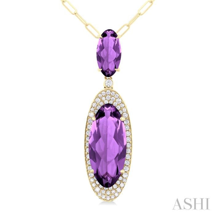 18x8 MM & 10x5 MM Oval Cut Amethyst and 1/3 ctw Round Cut Diamond Halo Semi Precious Pendant With Chain in 14K Yellow Gold