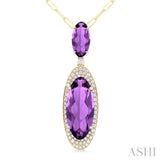 18x8 MM & 10x5 MM Oval Cut Amethyst and 1/3 ctw Round Cut Diamond Halo Semi Precious Pendant With Chain in 14K Yellow Gold