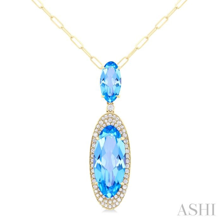 18x8 MM & 10x5 MM Oval Cut Blue Topaz and 1/3 ctw Round Cut Diamond Halo Semi Precious Pendant With Chain in 14K Yellow Gold