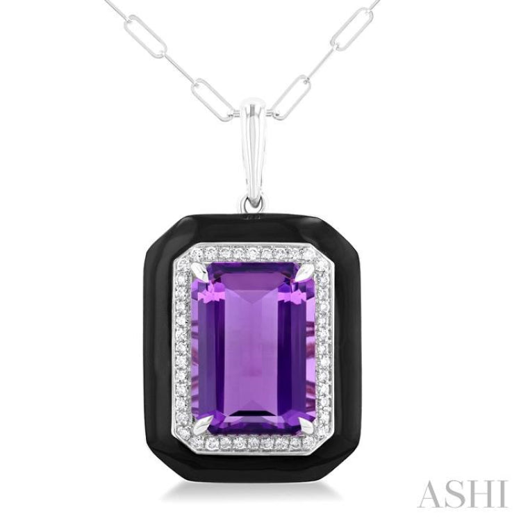 14x10 MM Emerald Cut Amethyst and 1/5 ctw Round Cut Diamond Halo & Black Enamel Border Semi Precious Pendant With Chain in 14K White Gold