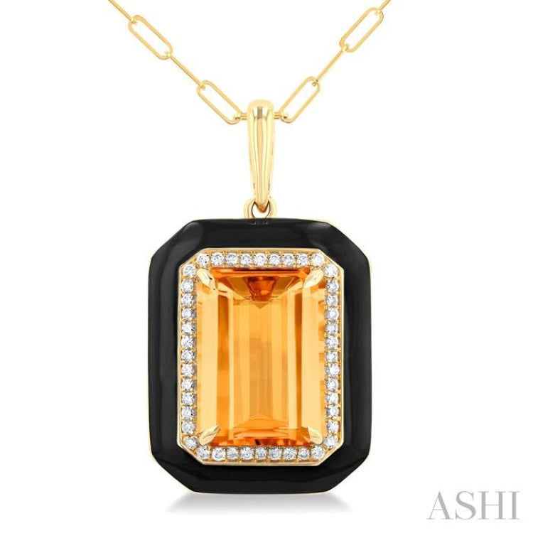 14x10 MM Emerald Cut Citrine and 1/5 ctw Round Cut Diamond Halo & Black Enamel Border Semi Precious Pendant With Chain in 14K Yellow Gold