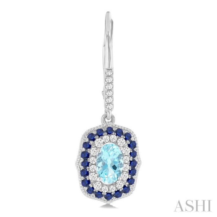6x4 MM Oval Cut Aquamarine, 1.25 MM Sapphire and 1/3 ctw Round Cut Diamond Halo Precious and Semi Precious Fashion Earrings in 14K White Gold