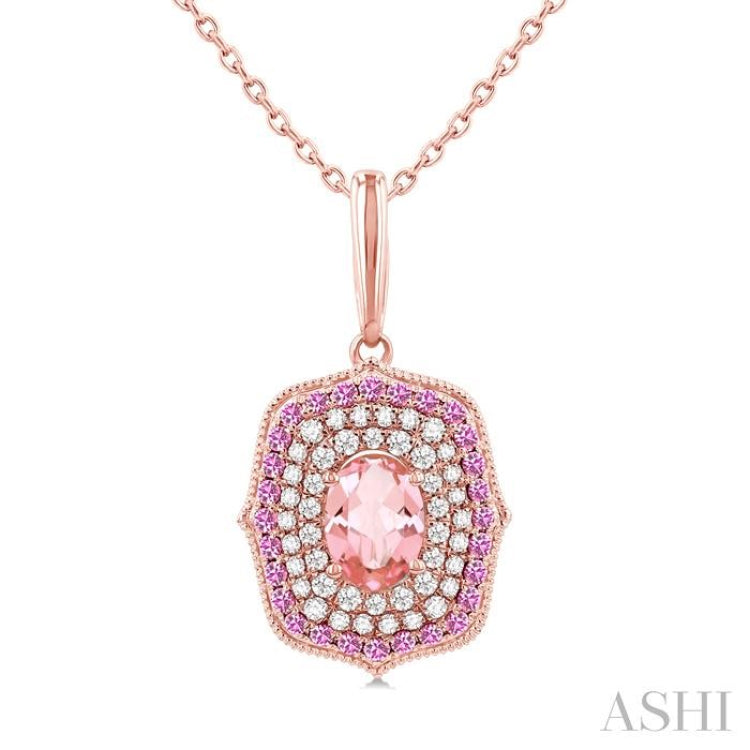 7x5 MM Oval Cut Morganite, 1.25 MM Pink Sapphire and 1/3 ctw Round Cut Diamond Halo Precious and Semi Precious Pendant With Chain in 14K Rose Gold