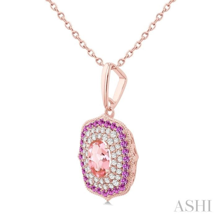 7x5 MM Oval Cut Morganite, 1.25 MM Pink Sapphire and 1/3 Ctw Round Cut Diamond Halo Precious and Semi-Precious Pendant With Chain in 14K Rose Gold