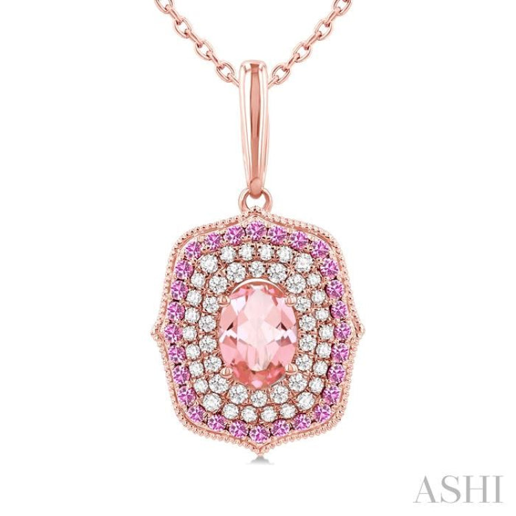 7x5 MM Oval Cut Morganite, 1.25 MM Pink Sapphire and 1/3 ctw Round Cut Diamond Halo Precious and Semi Precious Pendant With Chain in 14K Rose Gold
