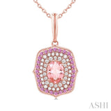7x5 MM Oval Cut Morganite, 1.25 MM Pink Sapphire and 1/3 ctw Round Cut Diamond Halo Precious and Semi Precious Pendant With Chain in 14K Rose Gold