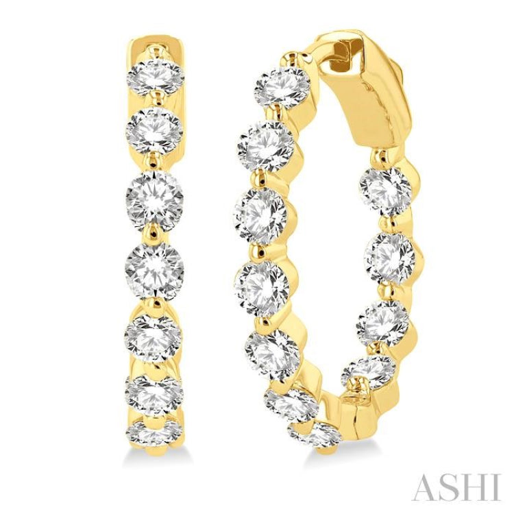 2 ctw Inside-Out Single Prong Set Round Cut Diamond Hoop Earrings in 14K Yellow Gold
