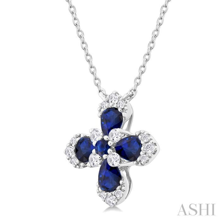 4x3 MM Pear and 2 MM Round Sapphire and 1/6 ctw Round Cut Diamond Floral Blossom Precious Pendant With Chain in 14K white Gold