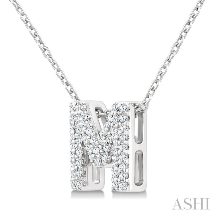 1/6 Ctw Bubble Accent Initial 'M' Round Cut Diamond Fashion Pendant With Chain in 10K White Gold