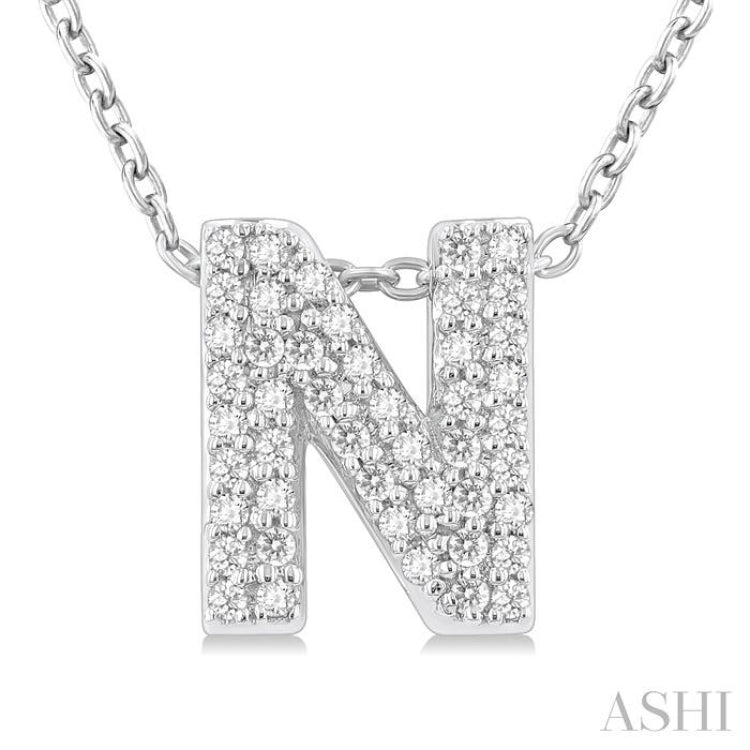 1/6 ctw Bubble Accent Initial 'N' Round Cut Diamond Fashion Pendant With Chain in 10K White Gold