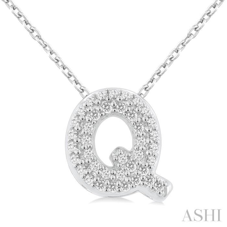 1/8 ctw Bubble Accent Initial 'Q' Round Cut Diamond Fashion Pendant With Chain in 10K White Gold