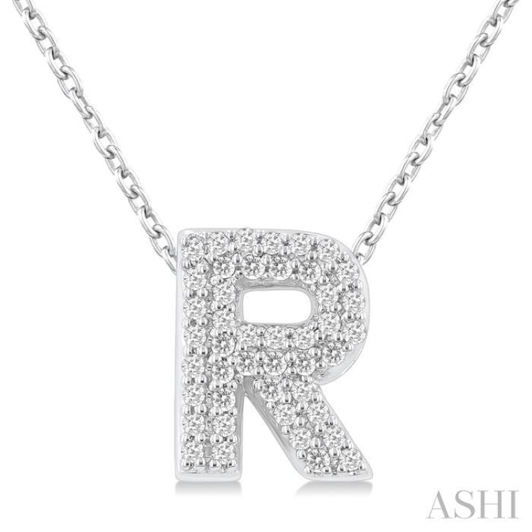 1/8 ctw Bubble Accent Initial 'R' Round Cut Diamond Fashion Pendant With Chain in 10K White Gold