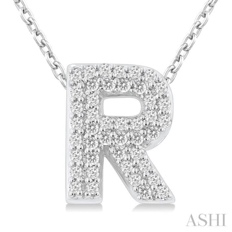 1/8 ctw Bubble Accent Initial 'R' Round Cut Diamond Fashion Pendant With Chain in 10K White Gold