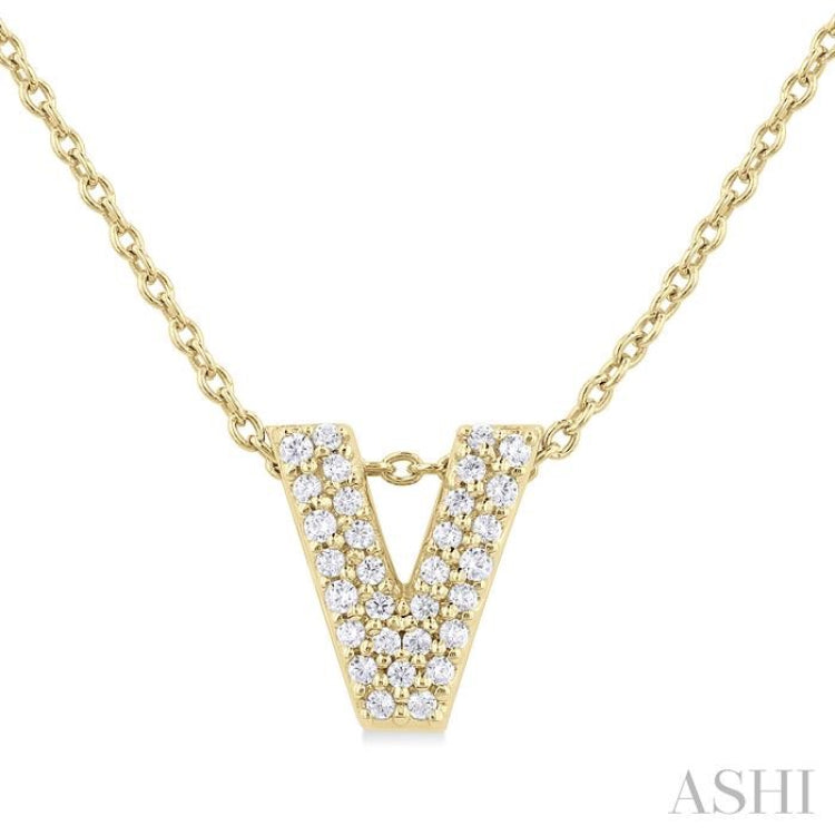 1/10 ctw Bubble Accent Initial 'V' Round Cut Diamond Fashion Pendant With Chain in 10K Yellow Gold