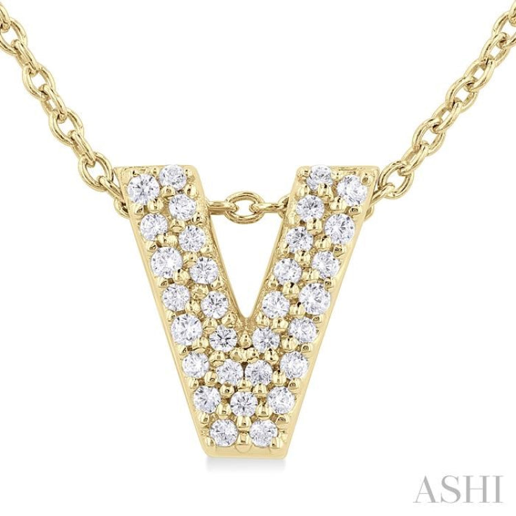 1/10 ctw Bubble Accent Initial 'V' Round Cut Diamond Fashion Pendant With Chain in 10K Yellow Gold