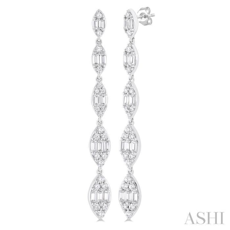 1 1/2 ctw Marquise Shape Fusion Baguette and Round Cut Diamond Fashion Long Earring in 14K White Gold
