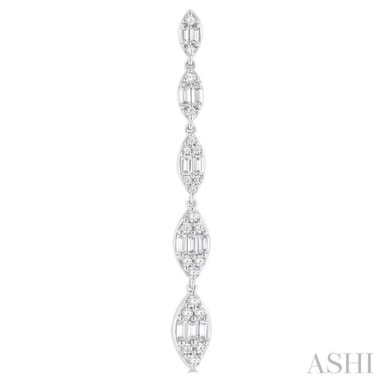 1 1/2 ctw Marquise Shape Fusion Baguette and Round Cut Diamond Fashion Long Earring in 14K White Gold
