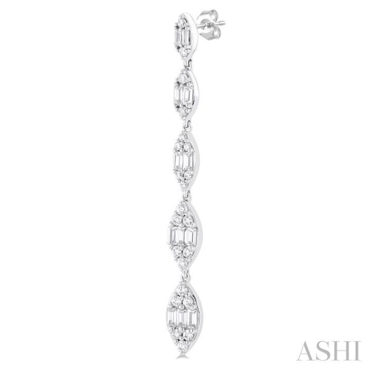 1 1/2 ctw Marquise Shape Fusion Baguette and Round Cut Diamond Fashion Long Earring in 14K White Gold