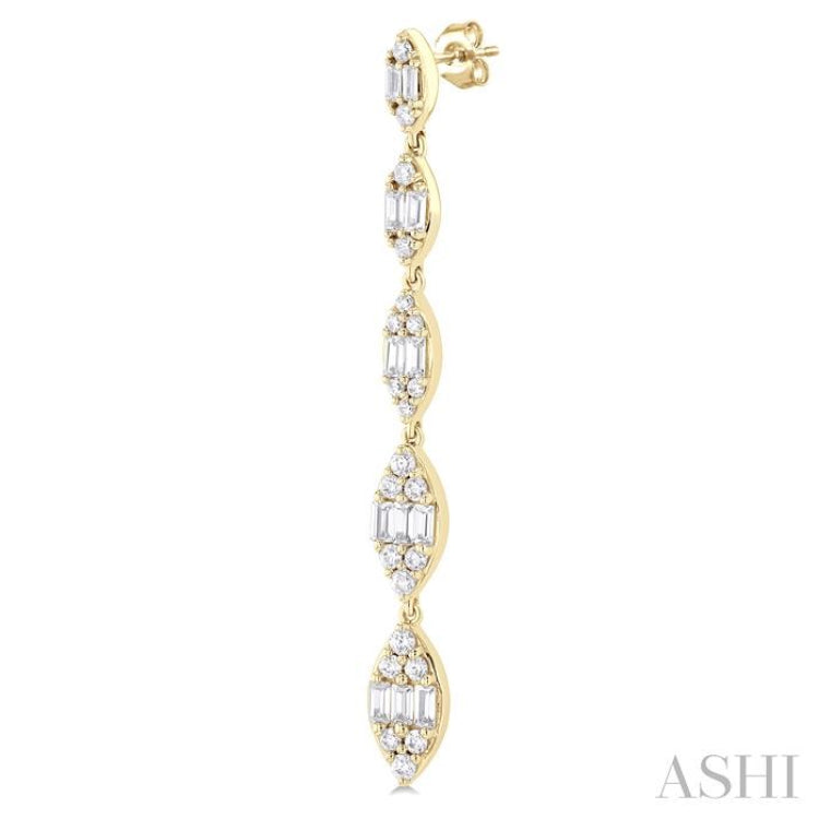 1 1/2 ctw Marquise Shape Fusion Baguette and Round Cut Diamond Fashion Long Earring in 14K Yellow Gold