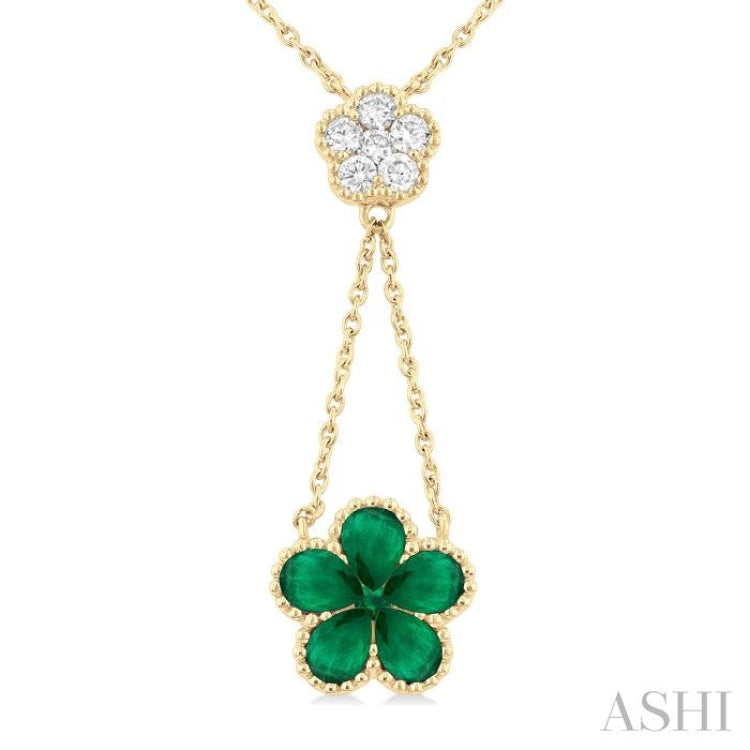 4x3 MM Pear Cut & 1.8 MM Round Emerald and 1/5 ctw Round Cut Diamond Floral Blossom Precious Necklace in 14K Yellow Gold