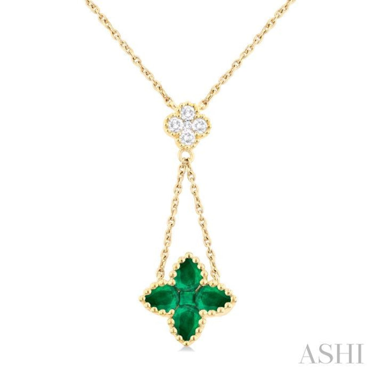 4x3 MM Pear Cut & 1.9 MM Princess Cut Emerald and 1/10 ctw Round Cut Diamond Floral Blossom Precious Necklace in 14K Yellow Gold