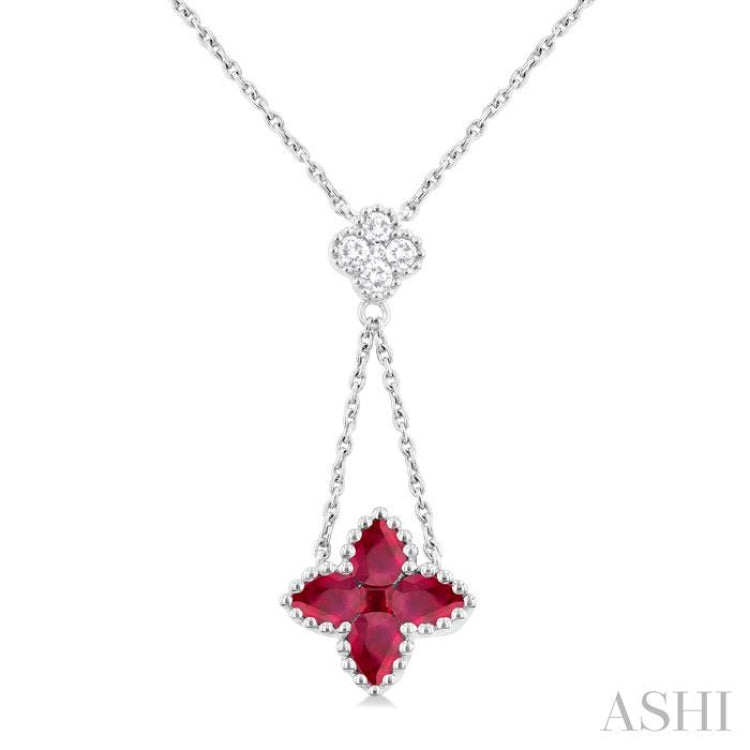 4x3 MM Pear Cut & 2.1 MM Princess Cut Ruby and 1/10 ctw Round Cut Diamond Floral Blossom Precious Necklace in 14K White Gold
