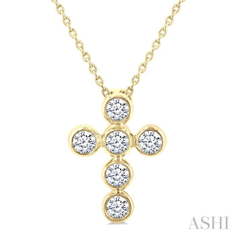1/4 Ctw Round Cut Diamond 6-Stone Bezel Set Cross Pendant With Chain in 14K Yellow Gold