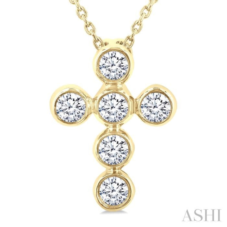 1/4 Ctw Round Cut Diamond 6-Stone Bezel Set Cross Pendant With Chain in 14K Yellow Gold