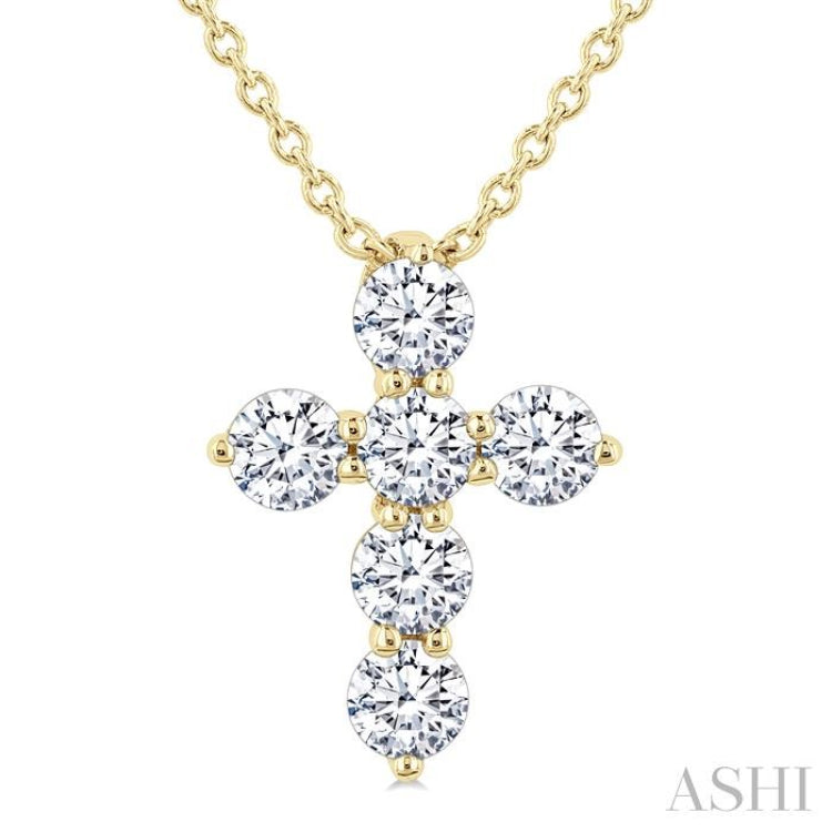 1/3 Ctw Round Cut Diamond Christian Cross 6-Stone Fashion Pendant With Chain in 14K Yellow Gold