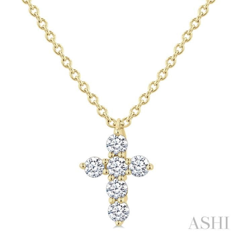 1/6 Ctw Round Cut Diamond Christian Cross 6-Stone Fashion Pendant With Chain in 14K Yellow Gold