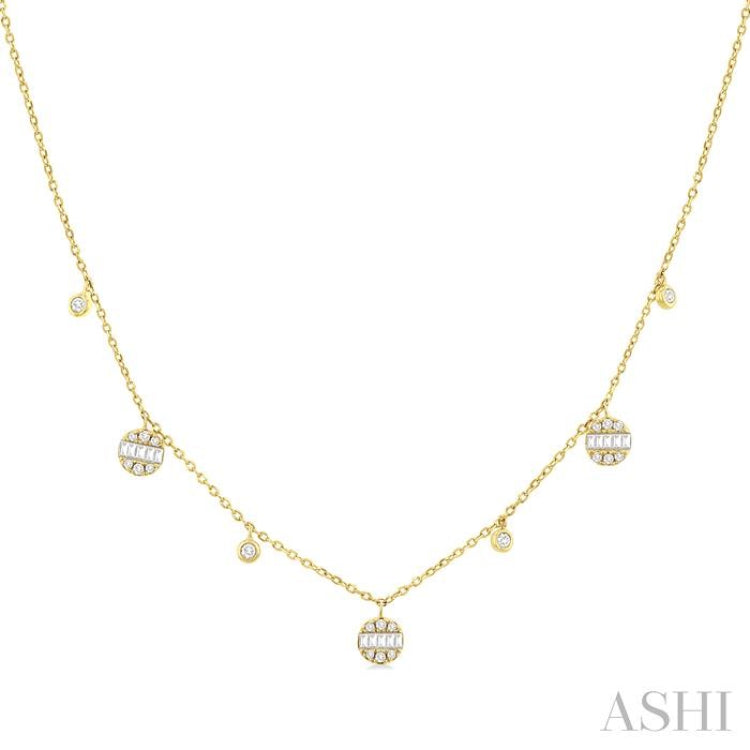 1/4 ctw Danglers Fusion Baguette and Round Cut Diamond Station Necklace in 10K Yellow Gold