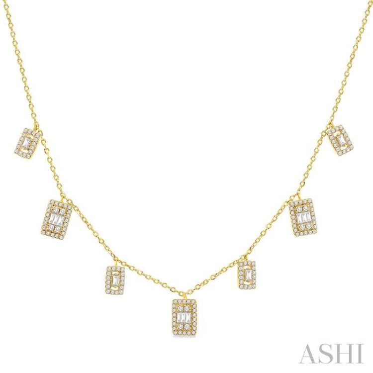 1/2 ctw Rectangular Shaped Danglers Fusion Baguette and Round Cut Diamond Station Necklace in 10K Yellow Gold