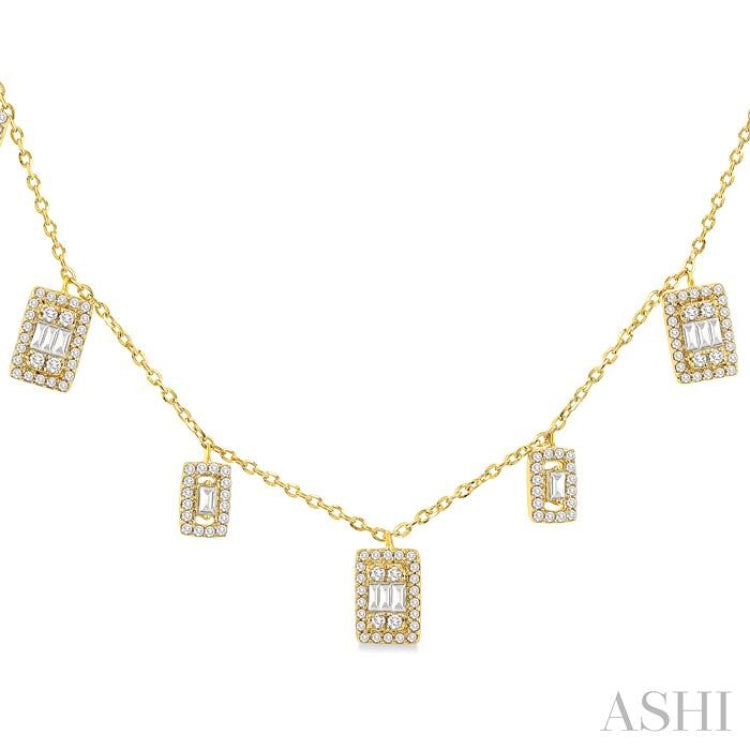 1/2 ctw Rectangular Shaped Danglers Fusion Baguette and Round Cut Diamond Station Necklace in 10K Yellow Gold