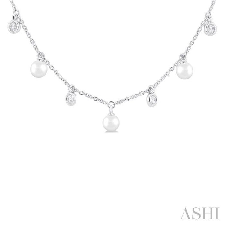 4 MM Round Shape Cultured Pearl and 1/4 ctw Round Cut Diamond Station Necklace in 14K White Gold