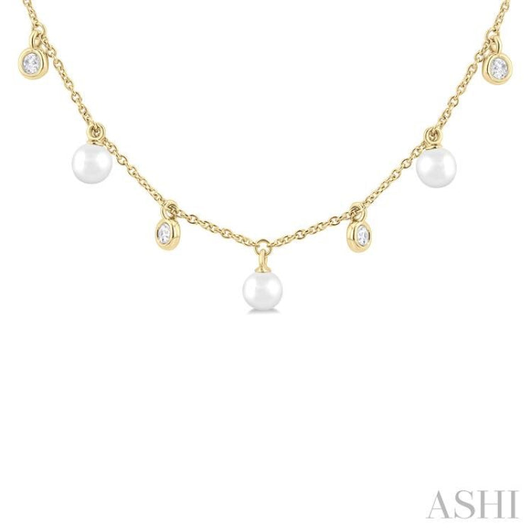 4 MM Round Shape Cultured Pearl and 1/4 ctw Round Cut Diamond Station Necklace in 14K Yellow Gold